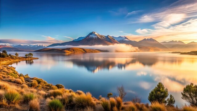 Panoramic view of Charca de la Uni?n lake at sunrise with Andean mountains and misty fog, lake