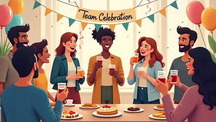  A lively group of friends joyfully celebrating together at a vibrant party, filled with laughter and festive decorations.  