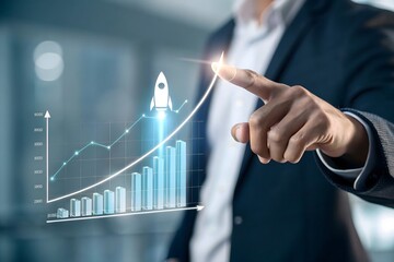 Business Growth: A business person points to a projected exponential growth.