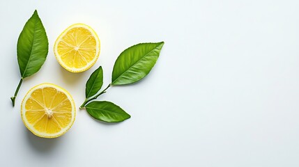 Fresh Lemon Slices & Leaves on White Background
