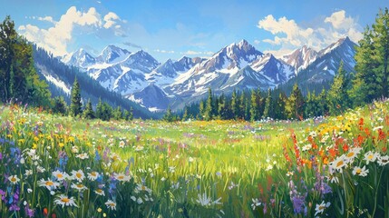 Fototapeta premium Alpine Meadow Panorama: A Vibrant Spring Day in the Mountains