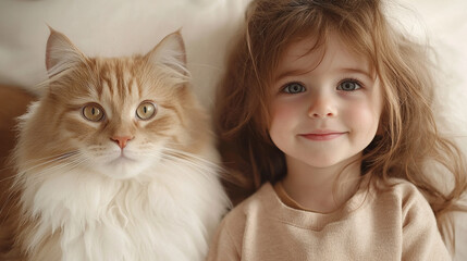 White background, a toddler girl, bright eyes, modest smile, next to a fluffy fat cat 