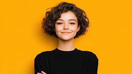 Young woman with curly hair smiling confidently against a vibrant yellow backdrop, showcasing positivity