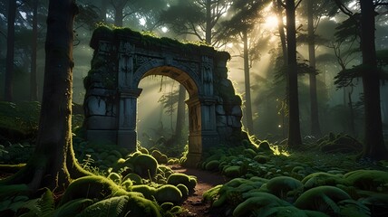 A rustic wooden gate stands at the edge of a lush green forest, inviting exploration into the enchanting wilderness beyond.  