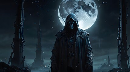 The Grim Reaper looms ominously before a glowing full moon, casting a shadowy figure against the night sky