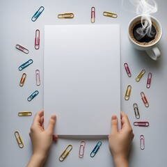 Hands grasp a coffee cup and paper, surrounded by paper clips, set against a blank space ready for typing.