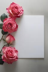 A cluster of pink roses beside a blank card, set against a soft gray background, inviting heartfelt messages.