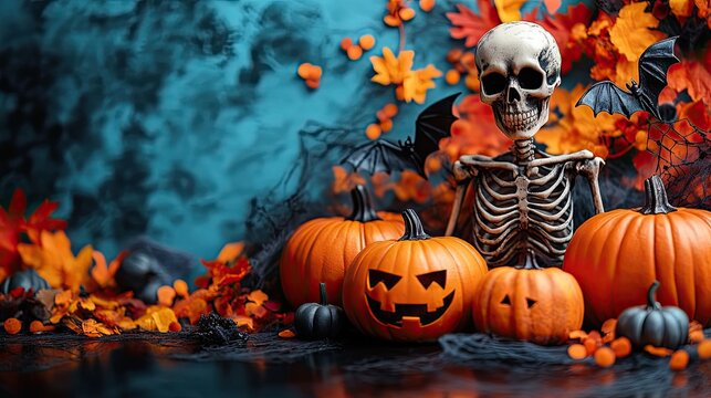 A creative Halloween concept featuring pumpkins, spiderwebs, bats, and a skeleton hand on a colorful background is perfect for festive, spooky, and autumn themes.