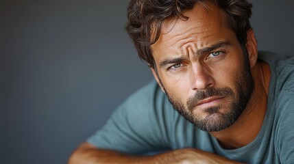 Fototapeta premium A cropped close-up portrait of an unhappy man touching his right side with a pained expression, wearing a casual t-shirt and jeans, isolated against a gray background.