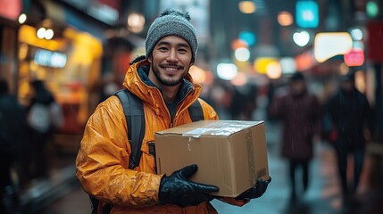 A delivery moment captured a courier handing over a cardboard box to a client on a bustling street, the seamless service in action, bringing convenience to your doorstep.