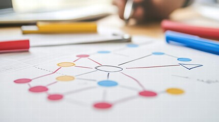 Colorful Data Flow Diagram with Markers and Notebook on Desk