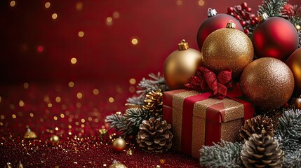 A festive New Year scene featuring gold balloons, Christmas ornaments, and a gift box on a vibrant red background, capturing the excitement and joy of the holiday season.