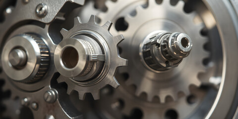 A close-up of gears interlocking in a complex machine, the polished metal shining under bright lights
