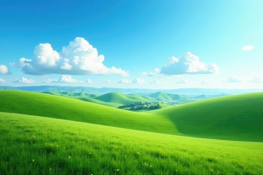 Soft wispy clouds drift across a brilliant blue sky with gentle rounded hills in the distance, rolling hills, peaceful, soft clouds