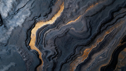 A mesmerizing abstract pattern featuring dark hues and shimmering golden accents flowing in wavy lines.