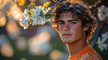 Young man surrounded by blossoms outdoor portrait springtime nature