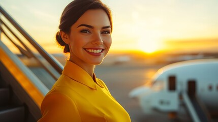 Smiling Flight Attendant at Airport During Sunset  
