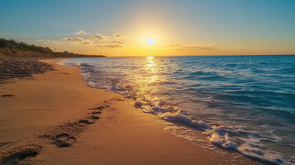 serene beach scene at sunset, with footprints in sand and gentle waves lapping at shore
