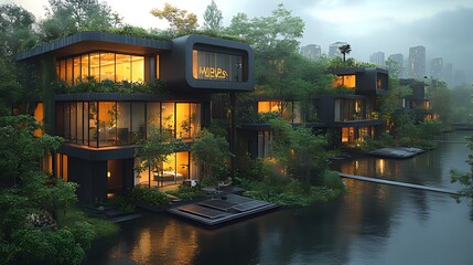Obraz premium Eco-friendly waterfront homes, futuristic city skyline