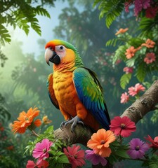 Vibrant parrot perched on a tree branch with lush green leaves and colorful flowers , vibrant, parrot, nature