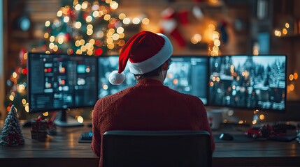 a person sitting at a desk wearing a Santa hat with computer monitors in front and a blurred Christmas tree in the background the image captures a festive work environment during the holiday season.