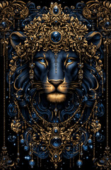 A lion with a crown of jewels on its head. The lion is blue and gold. The crown is made of jewels and is very ornate