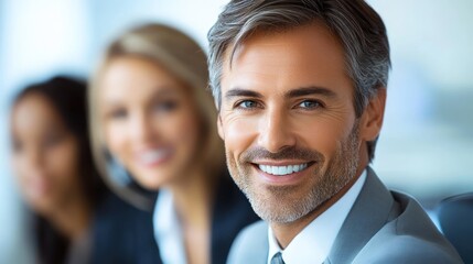 Smiling businessman with colleagues in background.