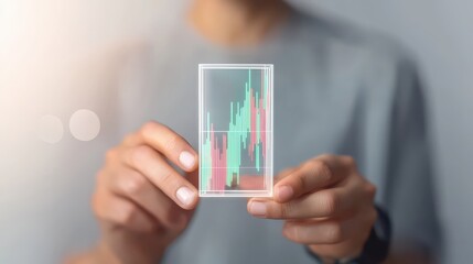 Man holding smartphone displaying growth chart, mobile finance app for investment analytics