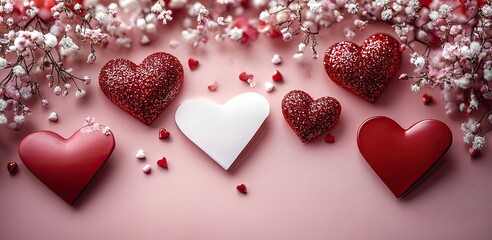 A romantic arrangement of red and white envelopes with delicate heart-shaped decorations on a soft pink background, symbolizing Valentine's Day.