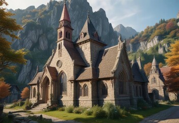 Fototapeta premium Village church with steep pitched roof and ornate stone carvings, church, basicila, village life