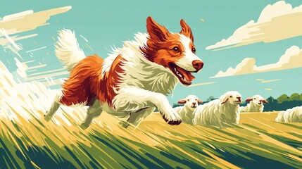 A playful dog running joyfully in a sunny field, herding sheep with energy and excitement.