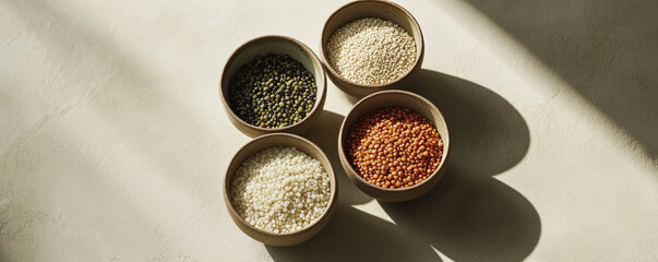 Close up of mixed grains in small bowls, showcasing variety of textures and colors. Perfect for healthy cooking and nutrition