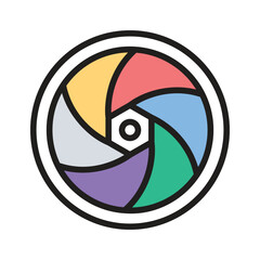 Camera shutter icon representing photography and creativity.