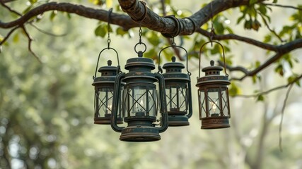 Vintage lanterns in a distressed metal frame hung from a tree branch, bohemian decor,