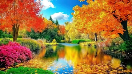 Vibrant Autumn Reflection: A Symphony of Colors by the Tranquil Water