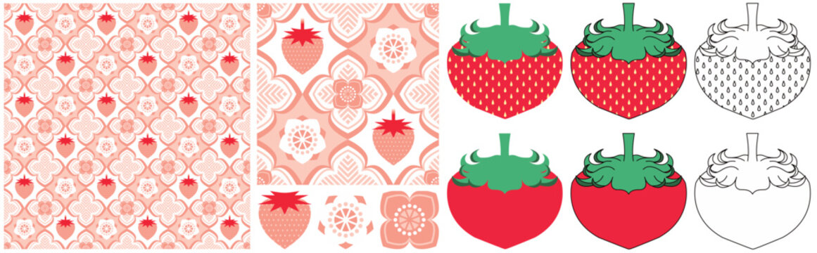 シームレスパターンテクスチャーと装飾図案デザイン「デフォルメ苺柄」赤＆ピンク系カラー（Seamless pattern texture and decorative design "Deformed strawberry pattern" in red and pink colors.）