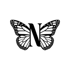 Fototapeta premium Butterfly with Letter N Monogram Logo, Black and white butterfly illustration featuring an elegant letter N monogram, creating a stylish and artistic logo design on a light background. 