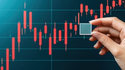 Hand holding small square device with red and blue screen, technology innovation