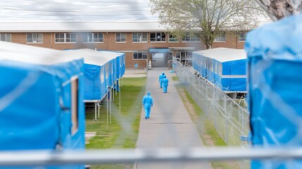 Obraz premium Blue Suited Figures Walking Between Temporary Structures