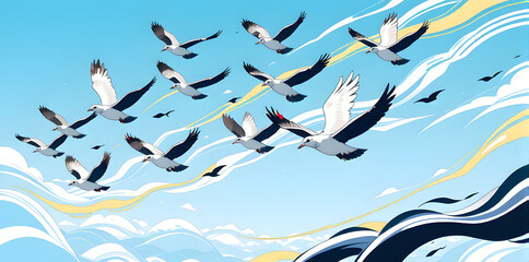 Obraz premium Flock of Birds Flying in Blue Sky Illustration