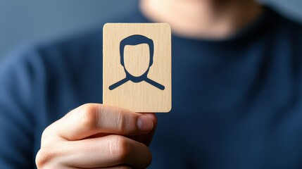 Man showcasing a striking wooden portrait card, captivating display of artistry and craftsmanship