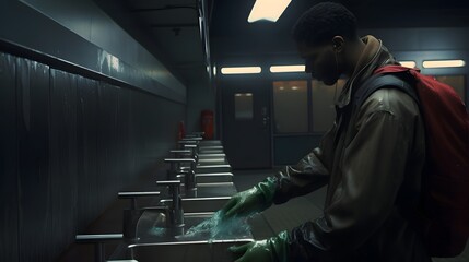 Passenger cleaning and sanitizing their hands at a touchless sanitation station before boarding a flight or other mode of transportation