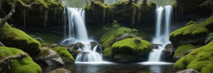 Fototapeta premium Waterfall flows over moss-covered rocks and trees, ancient, organic