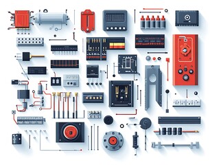 Parts on White. Tech Hardware Assembly. Flatlay Design