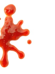 Wet stain of red tomato ketchup isolated on white background with visible droplets, isolated, food