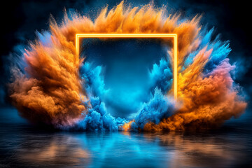 A large explosion of colorful smoke and fire is captured in a frame. The explosion is so large that it covers the entire frame, leaving only a small square of blue and orange in the center