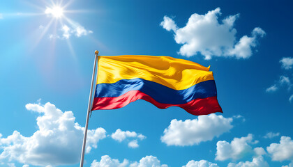 Colombia flag waving proudly in a clear blue sky