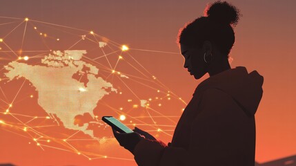 Woman Using Mobile Device with Global Network Concept Background
