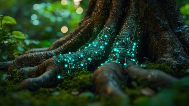 Glowing Tree Roots in Forest, Nature Tech Concept