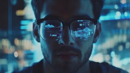 Young Man with Glasses Analyzing Data on Computer Screen at Night